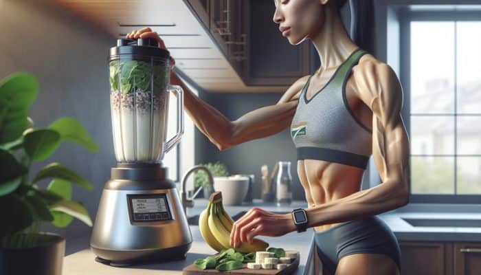 Elite marathon runner's post-workout shake with whey protein, banana, and spinach for muscle recovery.