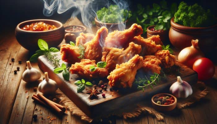 Golden, crispy fried chicken on a rustic table with herbs and spices, under warm lighting.