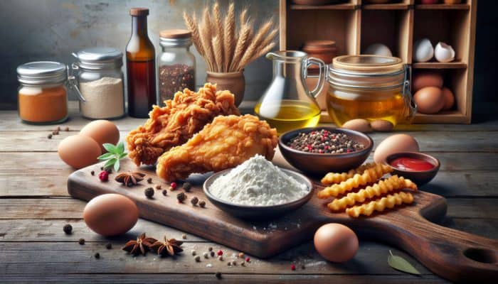 Fried chicken with thin, airy and thick, crunchy batter, displayed in a rustic kitchen with ingredients.