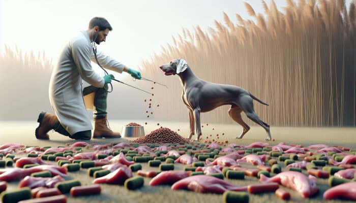A healthy Weimaraner in a hunting field with a vet checking its hips, surrounded by kibble and meat.