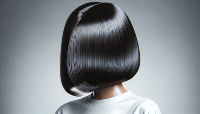 Sleek, shiny blunt bob with smooth, frizz-free ends, volumized roots, and strong hold.