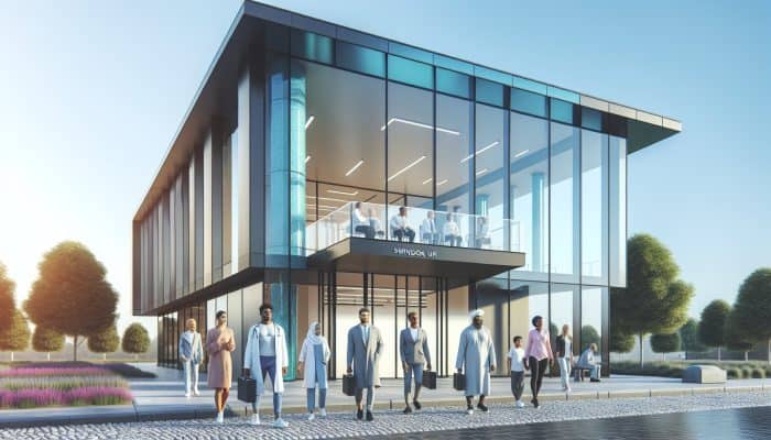 Modern medical facility in Swindon with testosterone blood testing sign, glass doors, hopeful entrants.