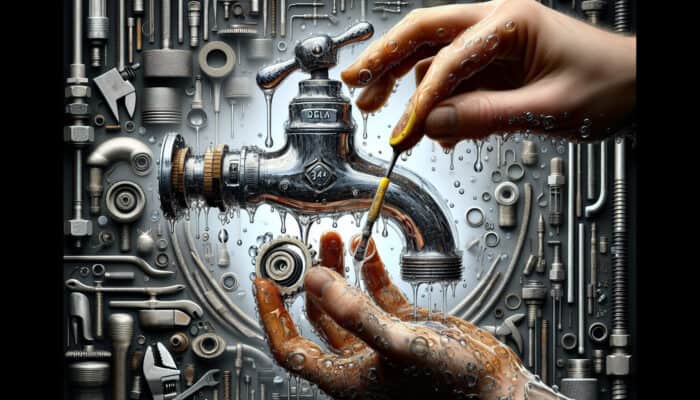 A Delta faucet dripping, with hands replacing washers and cleaning an aerator, surrounded by plumbing tools.