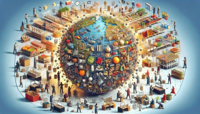 A vibrant online marketplace with Sidmouth products, customers engaging globally via devices, boosting brand visibility.