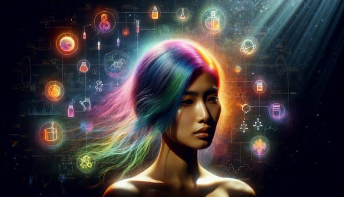 Woman with vibrant, multi-colored hair under sunlight, surrounded by chemicals and pollutants, causing color fade.