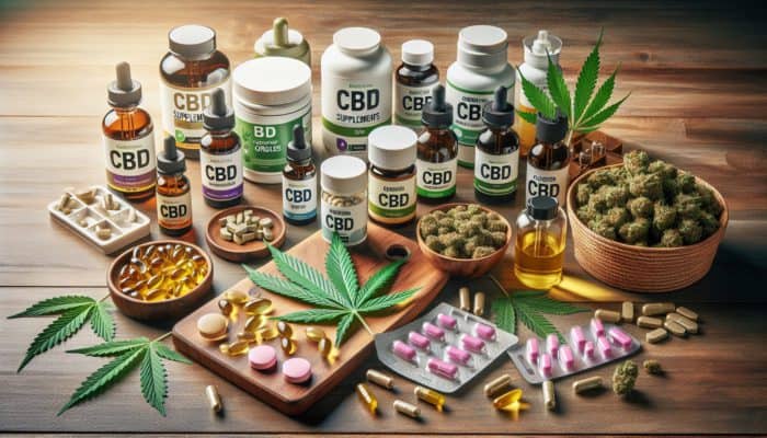 CBD supplement reviews: CBD supplements in various forms on a wooden table with cannabis leaves, symbolizing health and wellness.