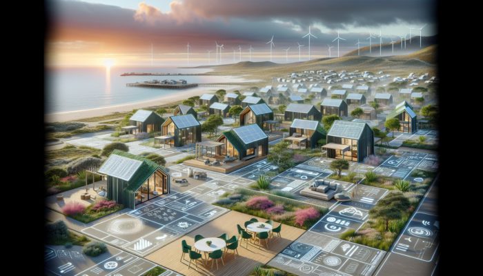 Modern coastal community in Potchefstroom with eco-friendly homes, solar panels, shared parks, and smart technology for remote working.