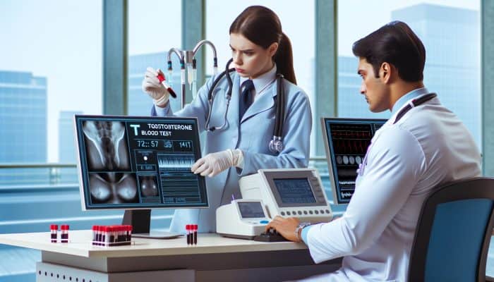 Illustration of testosterone blood test in Watford clinic, experts analyzing results on digital screens.