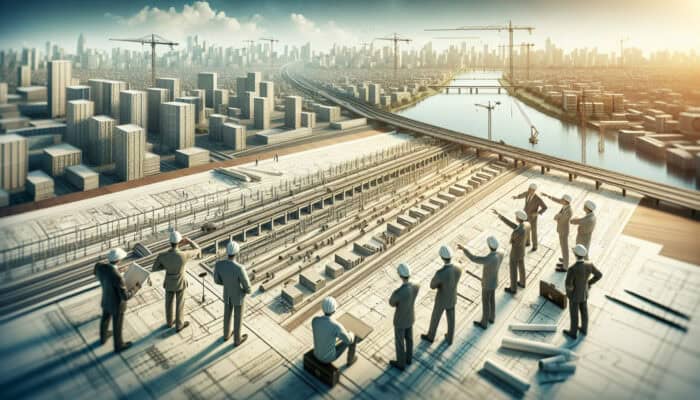 Blueprint of concrete drainage system in Port Coquitlam with engineers discussing, urban construction background.