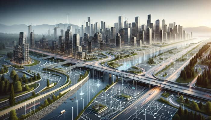 Modern urban landscape in Port Coquitlam with permeable concrete and smart drainage systems managing water flow.