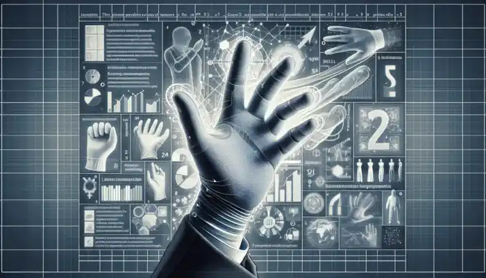 Person wearing well-fitted translucent polythene gloves, showing dexterity, with glove brands and sizing charts nearby.