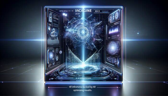 A futuristic search engine interface with AI algorithms optimizing results on a high-tech screen with holographic data.