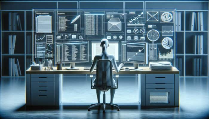 A human virtual assistant managing emails on a computer with digital tools in a modern office.