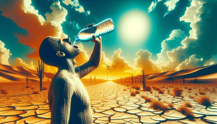 A person drinking water in a hot, arid landscape under a bright sky, highlighting hydration importance.