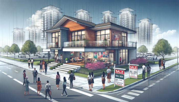 Modern three-bedroom house in Limpopo Mall, Polokwane, staged for quick sale, surrounded by buyers and real estate signs.