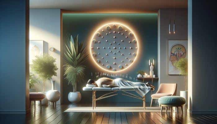 Acupuncture session with needles on back, soft lighting, for chronic pain relief.