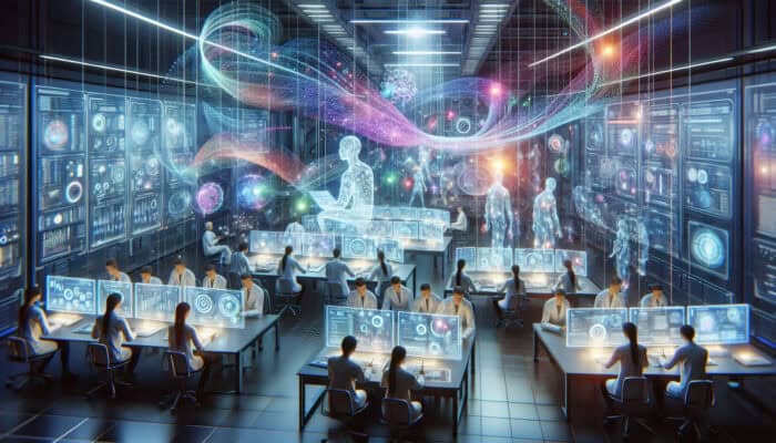 Futuristic lab with virtual assistants analyzing data on holograms, scientists making decisions based on real-time analytics.