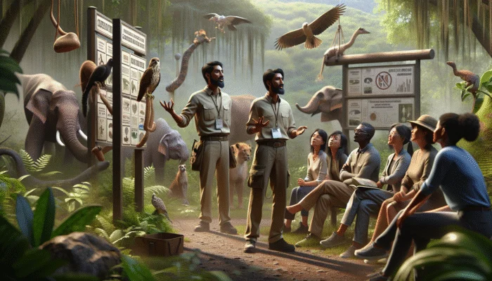 A guide explains conservation challenges to a group in a lush habitat with educational diagrams and posters.