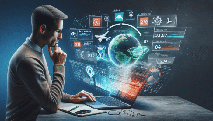 Person booking travel package on laptop, comparing deals, viewing early discounts and off-peak destinations, ensuring coverage.