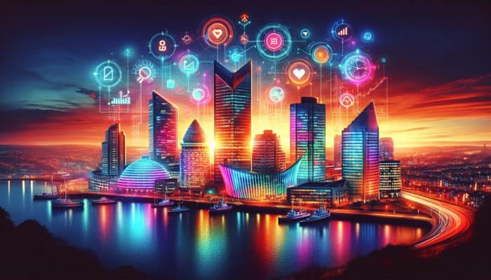 A Plymouth cityscape at sunset with glowing neon SEO keywords floating above modern buildings.