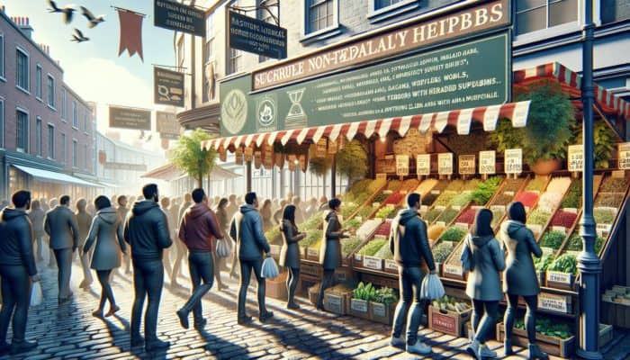 A vibrant UK market stall with fresh herbs and a sign of a reputable supplier, surrounded by satisfied customers.