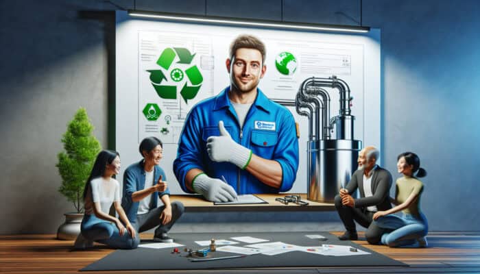 Technician in certified uniform servicing a modern boiler in West Vancouver, with satisfied customers and safety banner.