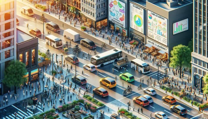 Diverse people using Zipcar and Enterprise Car Club shared cars on a busy city street for eco-friendly house clearance.