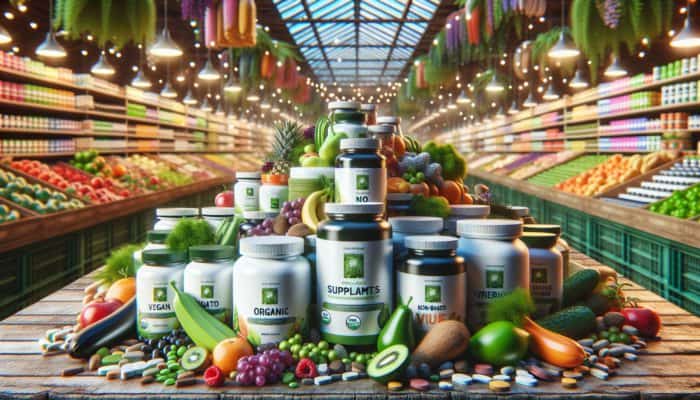 Organic, non-GMO supplements in eco-friendly packaging, featuring vegan and plant-based options.