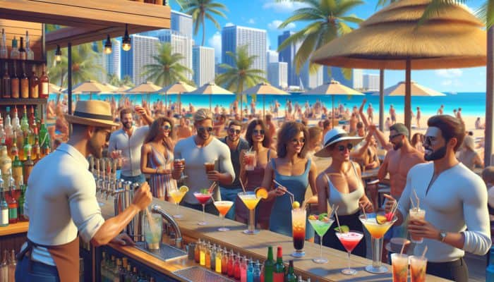 Lively scene at Mandalay Bay's day drinking bars with vibrant cocktails and cheerful patrons.