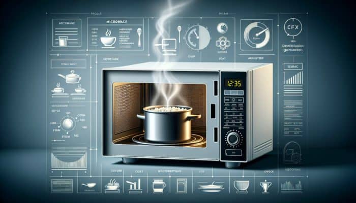 Best Ways to Reheat Leftovers Like a Pro: A professional kitchen with a microwave heating a covered dish, steam rising, indicating even heating and moisture retention.