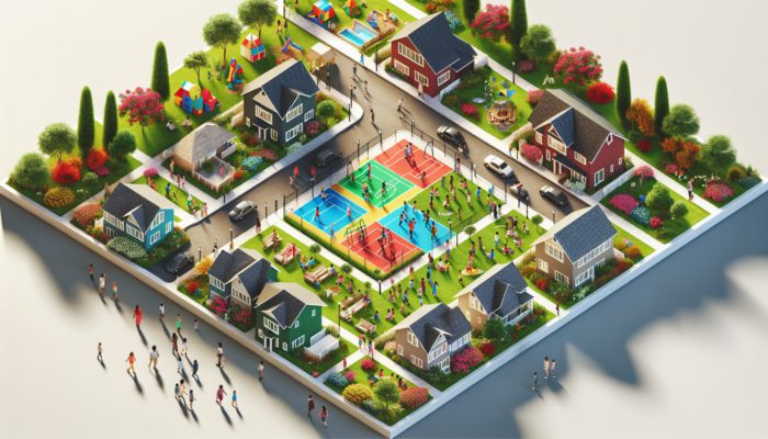 Aerial view of a vibrant Springs neighborhood with family homes, gardens, children playing, and community parks.