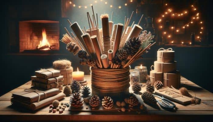 Homemade Fire Starters: Homemade fire starters on a rustic table: wax-dipped pine cones, cardboard rolls with sawdust, and natural fiber bundles, with camping gear and a cozy fireplace in the background.