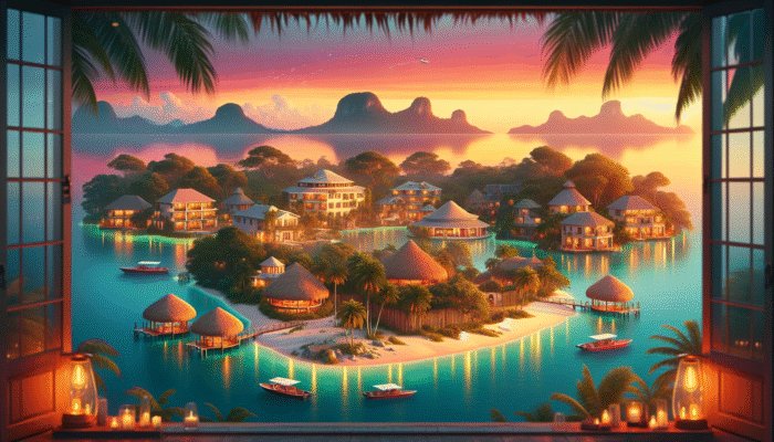 Collage of Belize's top hotels including beachfront resorts, eco-lodges, and colonial inns at sunset.