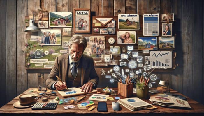 A small business owner in Corsham creating blog posts and social media content at a rustic desk, surrounded by community photos and digital marketing tools.