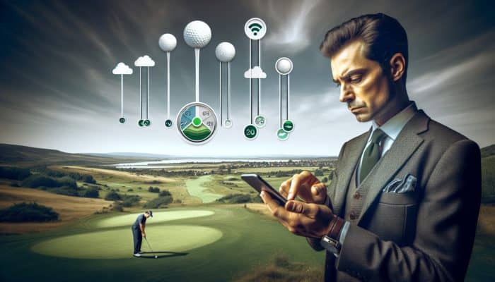 Golfer using a smartphone app at a rural tournament, showing perfect compatibility despite weak signal.