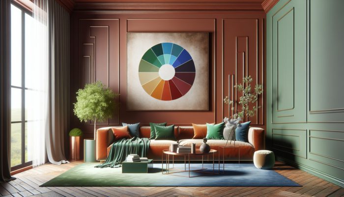 A serene room with auburn walls and cool green and blue accents, featuring a subtle color wheel.