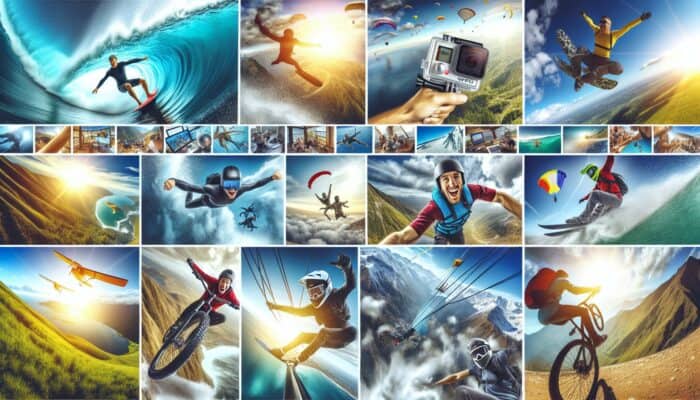 A vibrant collage of GoPro videos showing surfing, skydiving, and mountain biking, highlighting user engagement.