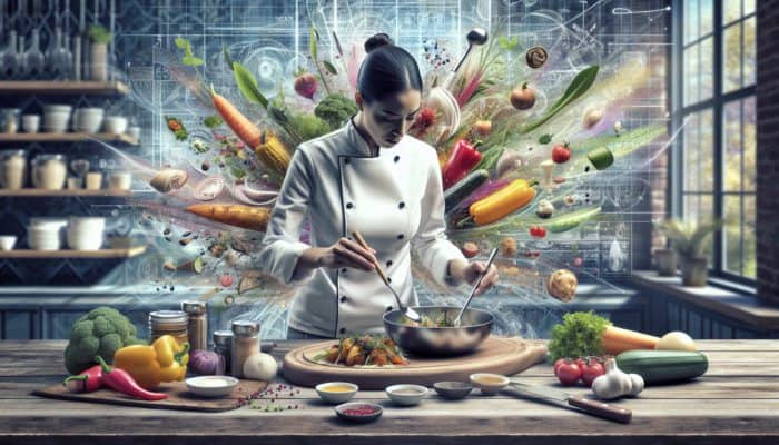 A chef preparing vibrant, delicious gluten-free dishes in a gourmet kitchen, showcasing culinary creativity.