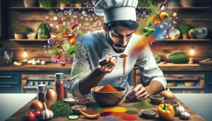 A chef tasting and seasoning a colorful gluten-free dish in a vibrant kitchen, focusing on achieving flavor balance.