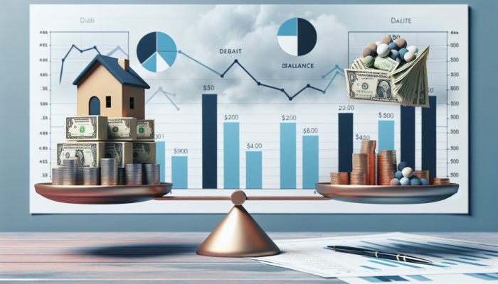 A scale balancing bills and coins against a paycheck, with a house and financial charts in the background, illustrating debt-to-income ratio assessment.