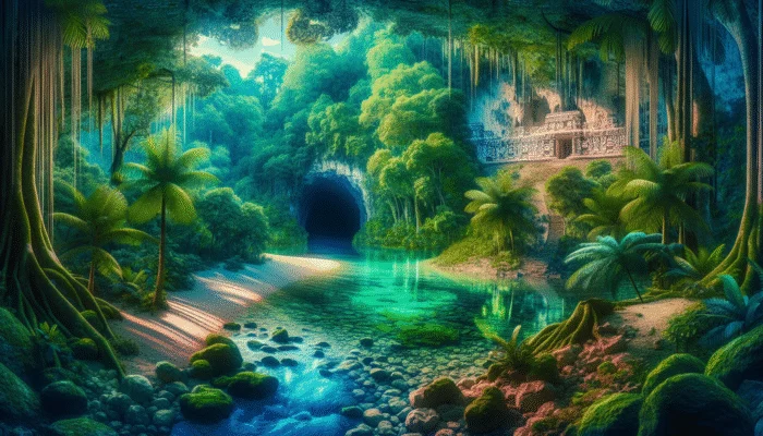 A vibrant map of Belize highlighting ATM cave, jungle, Mayan ruins, and river for travel guide.