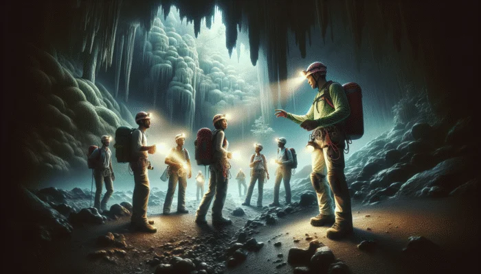 Guided cave tour in Belize with safety gear: helmets, flashlights, sturdy footwear.