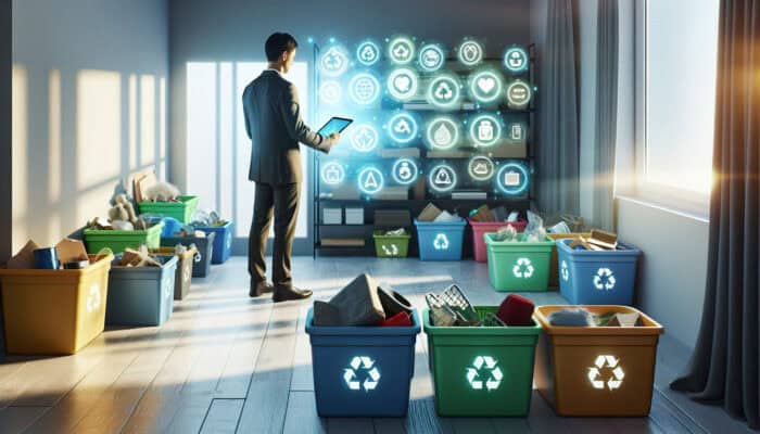 Person sorting items into bins for recycling, reusing, donating, using a tablet with sustainability tips and local group contacts.