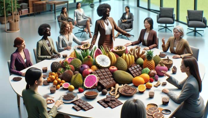 A table with exotic fruits, chocolate, and libido-boosting herbs, discussed by professional women in an upscale office.