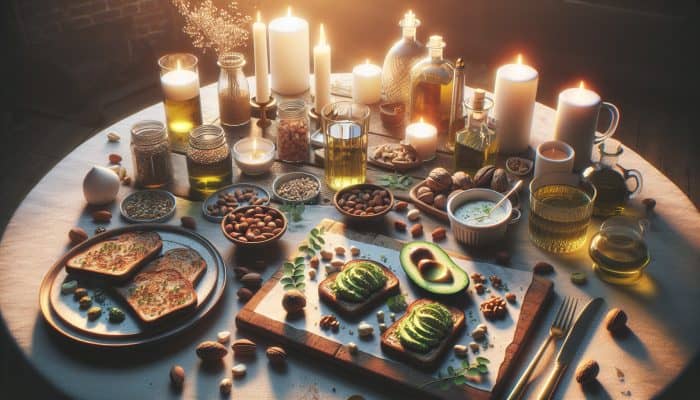 A romantic dinner with avocado toast on wholegrain bread, surrounded by nuts and oils, in soft evening light.