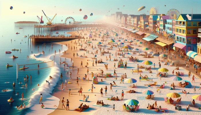 People enjoying volleyball, surfing, sandcastles, and lounging under umbrellas on a lively beach with a boardwalk.