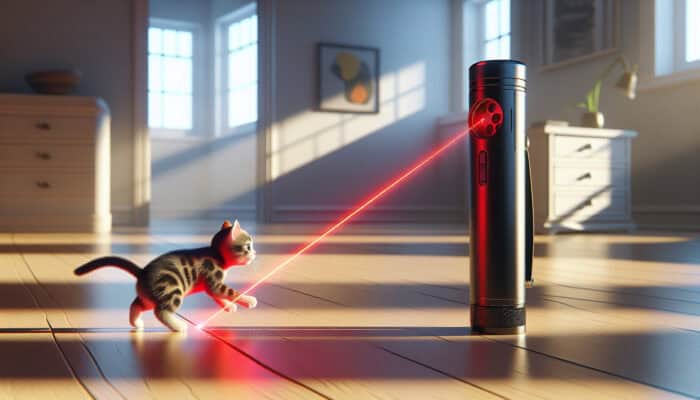 A sleek laser pointer with a red beam engaging a cat in a playful chase, with safety guidelines.