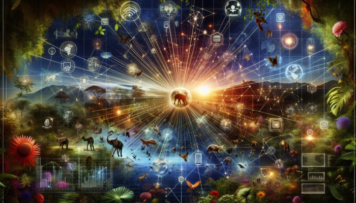 A digital network with mobile apps and social media icons enhancing global biodiversity campaigns amidst thriving nature.