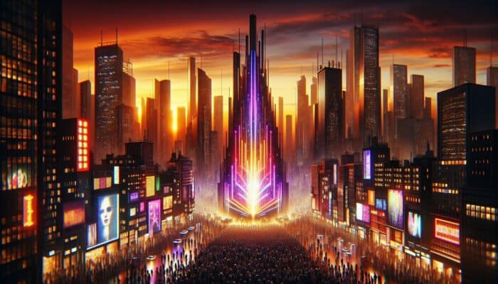 A neon-lit billboard with a bold title attracting a diverse crowd in a bustling city at twilight.