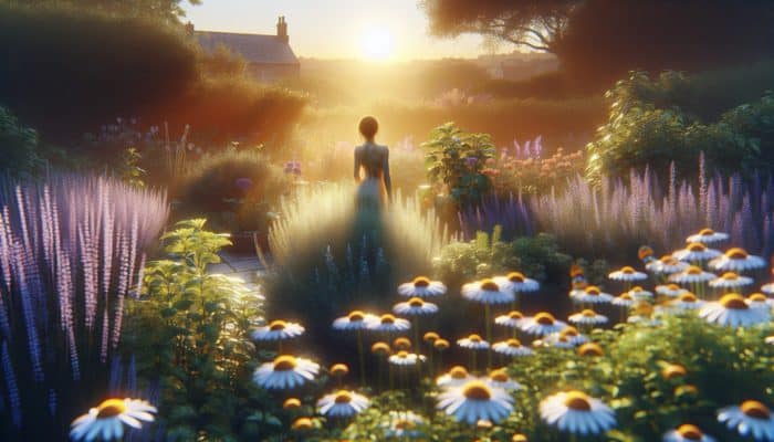A person in a UK garden at dawn, radiant skin enhanced by glowing herbs like chamomile and lavender.